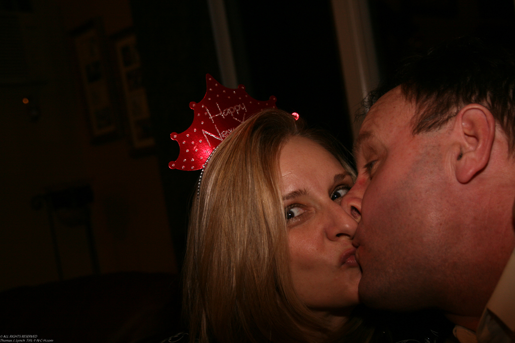 First smooch of the year!  ~~  Gret and I met 27 years ago almost at this moment at Elk Mountain, PA.  I proposed on the same place 7 years later.