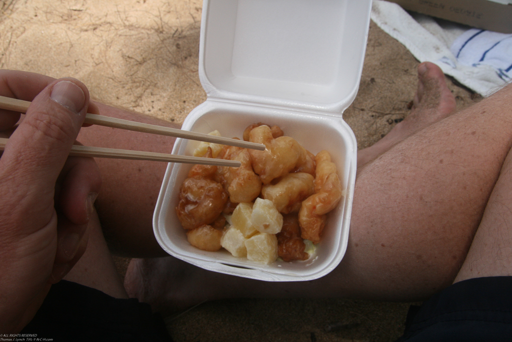 Kapulua Beach, had the China Boat deliver Hawaiian Shrimp coconut pinapple tempura to the beach!!!!  ~~  WOW - so good we had them deliver to the Ritz Beach the next day!