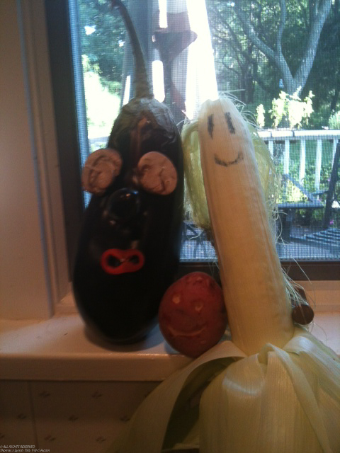 Mary and Gret in the Kitchen  ~~  Mr Eggplant, and Mrs. Korn Eggplant and baby 