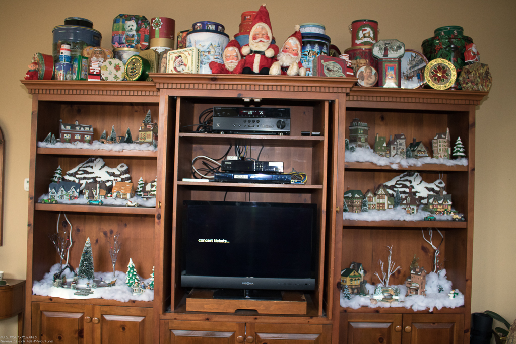 Xmas houses and cans on the entertainment system  ~~  