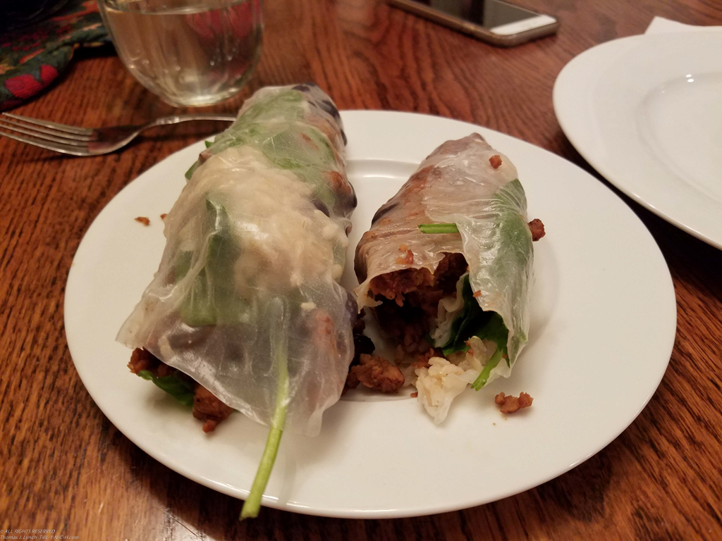 grovvin on some rice paper spring roll with a Gret made bean and vegetable concoction with a little spice.  ~~  
