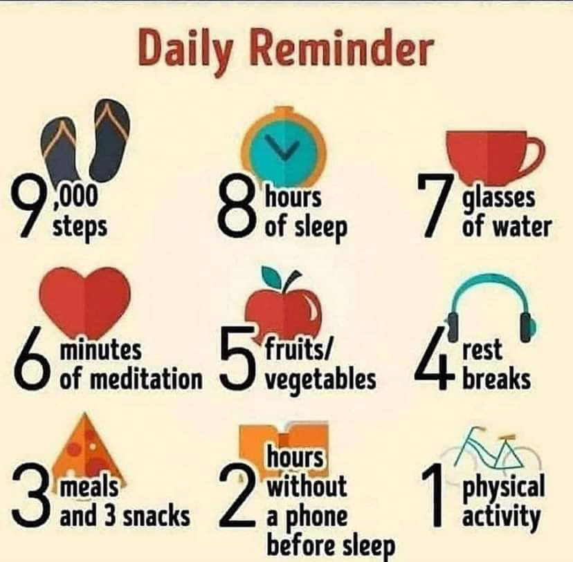 Daily reminder for 9 things  ~~  9k steps, 8 hrs sleep, 7 glasses of water, 6 minutes of meditation, 5 fruits and veggies, 4 rest breaks 3 meals and w snacks, 2 hours w/o phone of tv before sleep. 1 physical activity.
