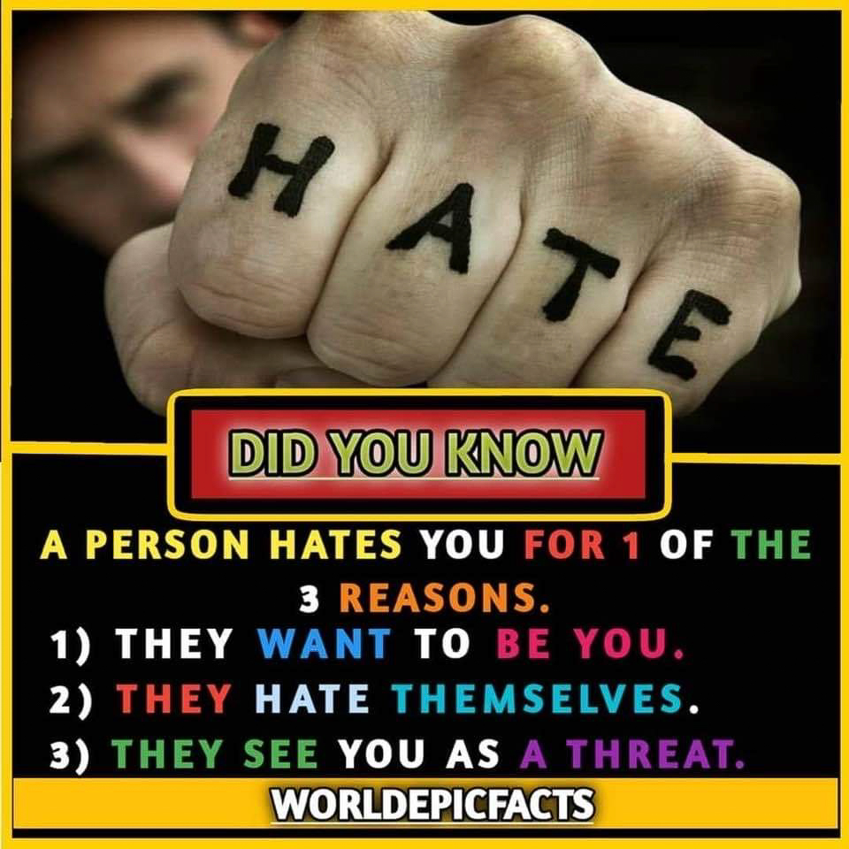Persons Hate for 3 Reasons  ~~  They want to BE you, They hate themselves, They see you as a threat